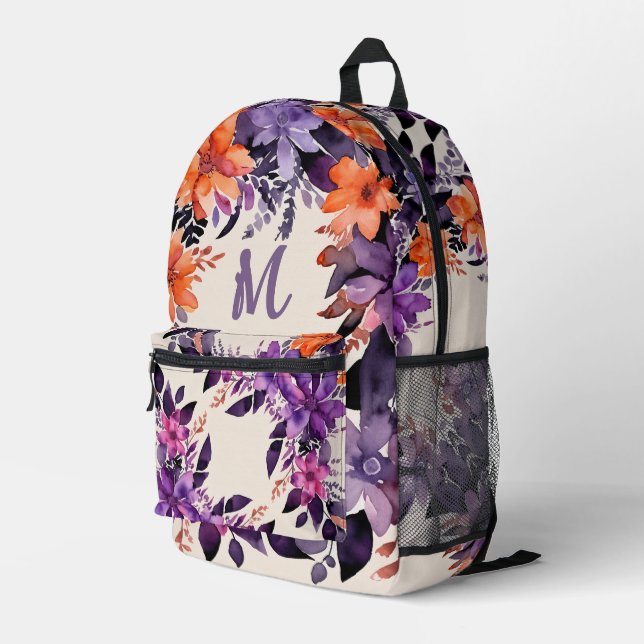 Witchy Hot Pink Purple Orange Lily Monogram Floral Printed Backpack (Back Corner Right)