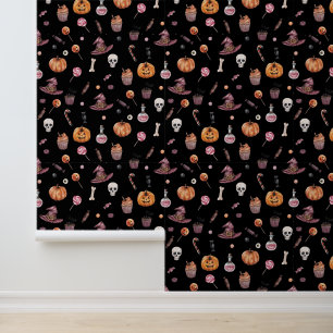 Witchy Jack O Lantern Halloween Pattern on Black Wallpaper