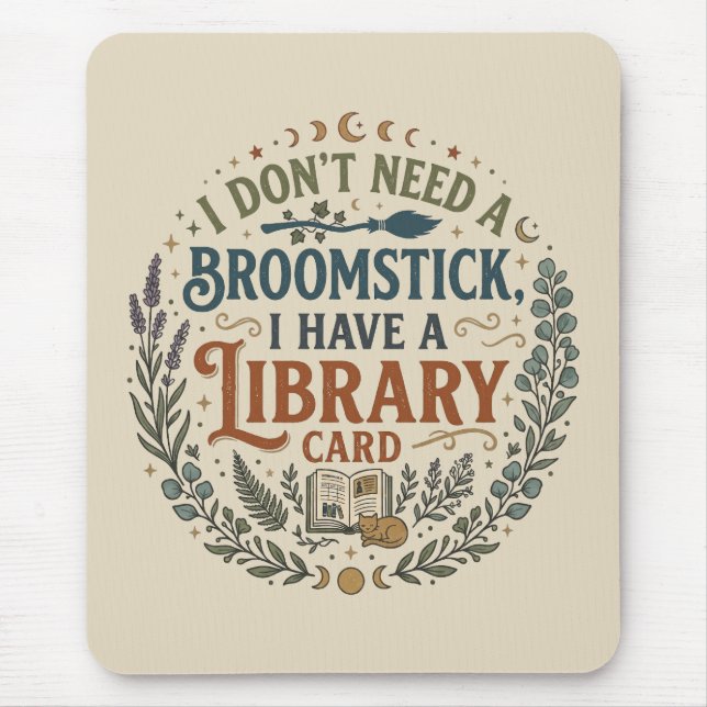 Witchy Librarian Library Card Book Lover Custom Mouse Pad (Front)