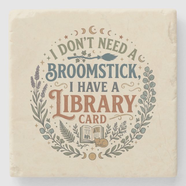 Witchy Librarian Library Card Book Lover Custom Stone Coaster (Front)