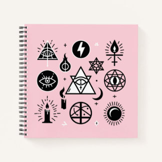Witchy, Magical, Occult Symbols Black on Pink Notebook