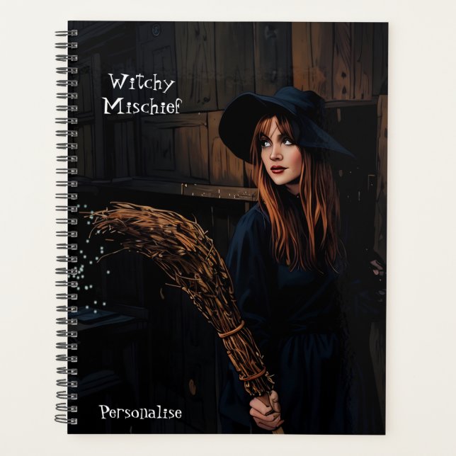 Witchy Mischief Fun Quote Broomstick Cool Journal  Planner (Front)