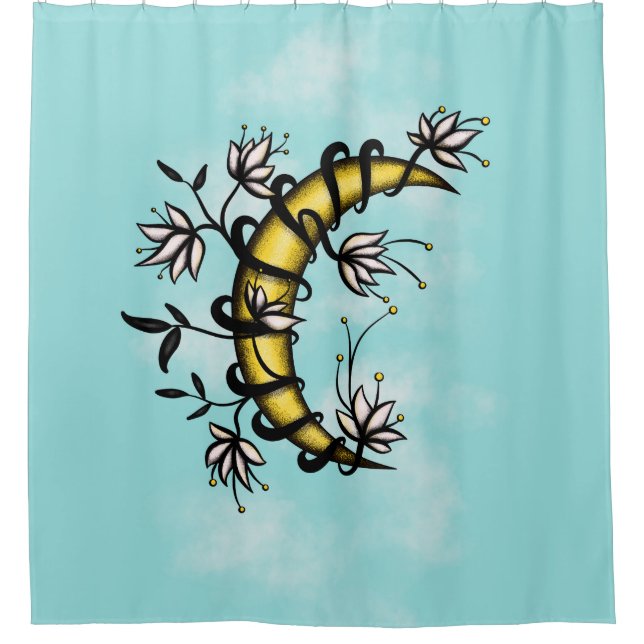 Witchy Moon Floral Boho Art Shower Curtain (Front)