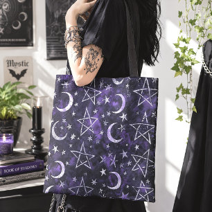 Witchy Moon & Pentagram Purple Gothic Tote Bag