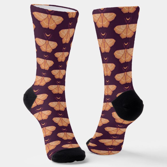 Witchy Moth Moon Purple Magical Insect Goth Socks (Angled)