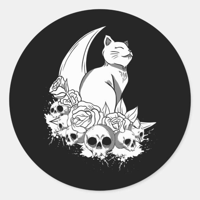 Witchy Pastel Goth Creepy Skulls Gothic Cat Classic Round Sticker (Front)