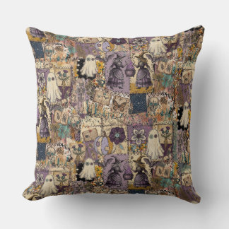 Witchy Patchwork in Purple and Blues Spooky Ghost  Cushion