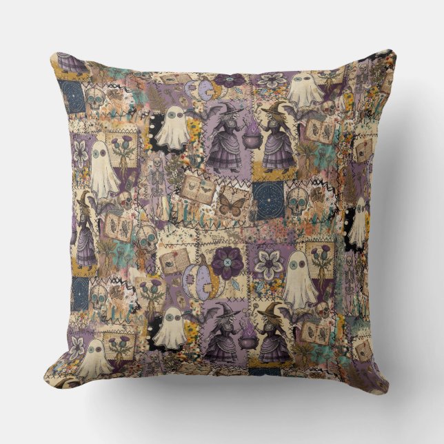 Witchy Patchwork in Purple and Blues Spooky Ghost  Cushion (Front)