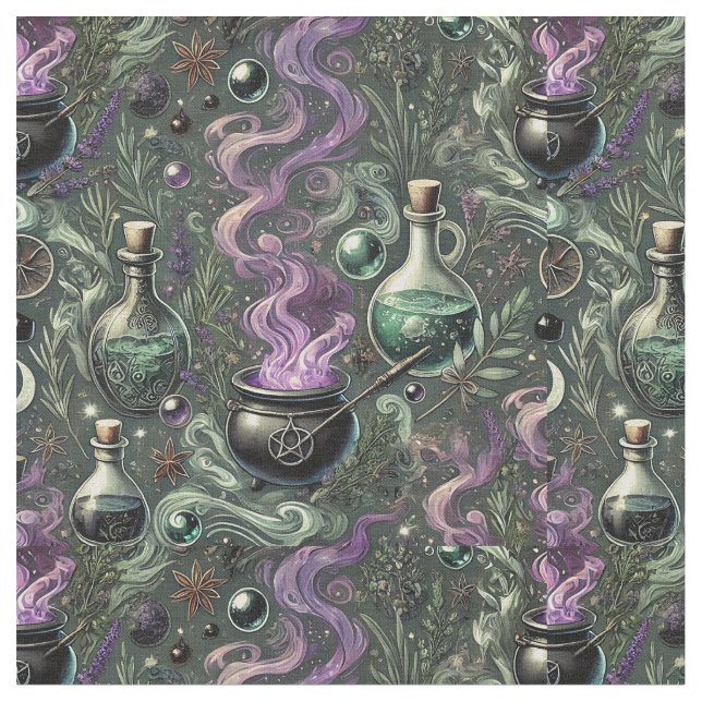 Witchy Pattern-Cauldron and Potion Design Fabric (Close Up)