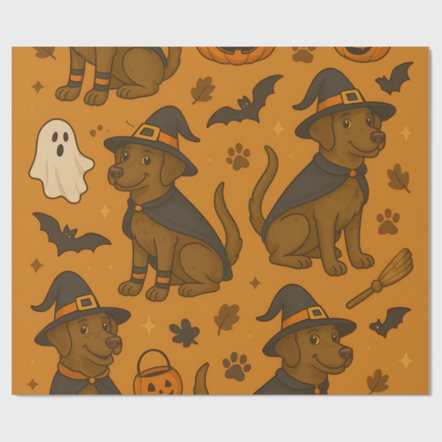 Witchy Paws & Pumpkin Howls Halloween Pattern Wrapping Paper (Flat)