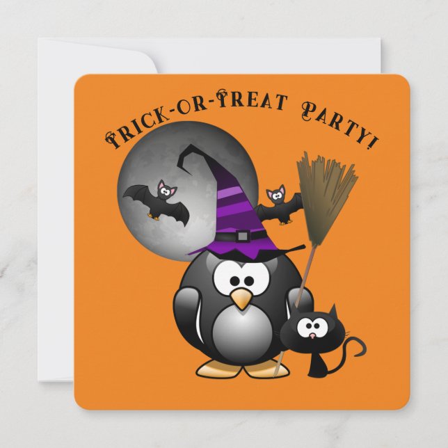 Witchy Penguin with Halloween Scene Invitation (Front)