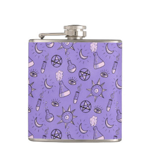 Witchy Purple Potion, Moon, Sun and Eye Pattern Hip Flask