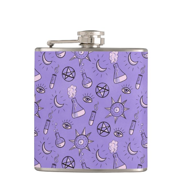 Witchy Purple Potion, Moon, Sun and Eye Pattern Hip Flask (Front)