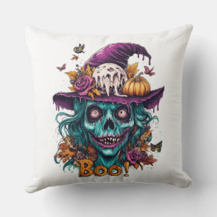 Witchy Skull Halloween Throw Pillow