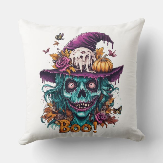 Witchy Skull Halloween Throw Pillow (Back)