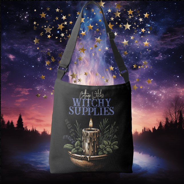 Witchy Supplies Black Candle Moon Crossbody Tote (witchy witch goth crossbody bag tote bag candle magick spell crescent moon black pagan symbols )