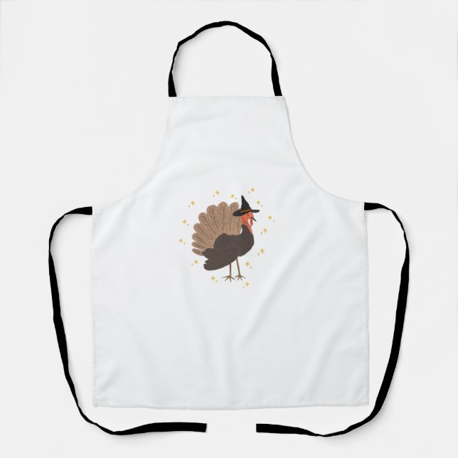 Witchy turkey with hat and sparkling stars illustr apron (Front)