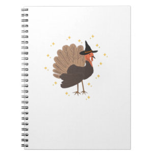 Witchy turkey with hat and sparkling stars illustr notebook