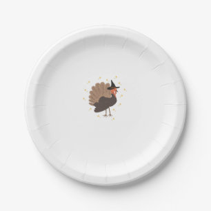 Witchy turkey with hat and sparkling stars illustr paper plate