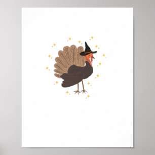 Witchy turkey with hat and sparkling stars illustr poster