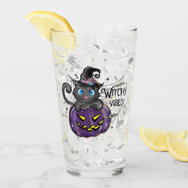 Witchy Vibes – Black Cat on Purple Jack-O-Lantern Glass (Front Ice)