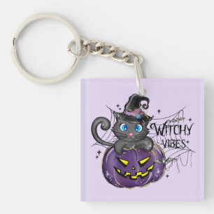 Witchy Vibes – Black Cat on Purple Jack-O-Lantern Key Ring