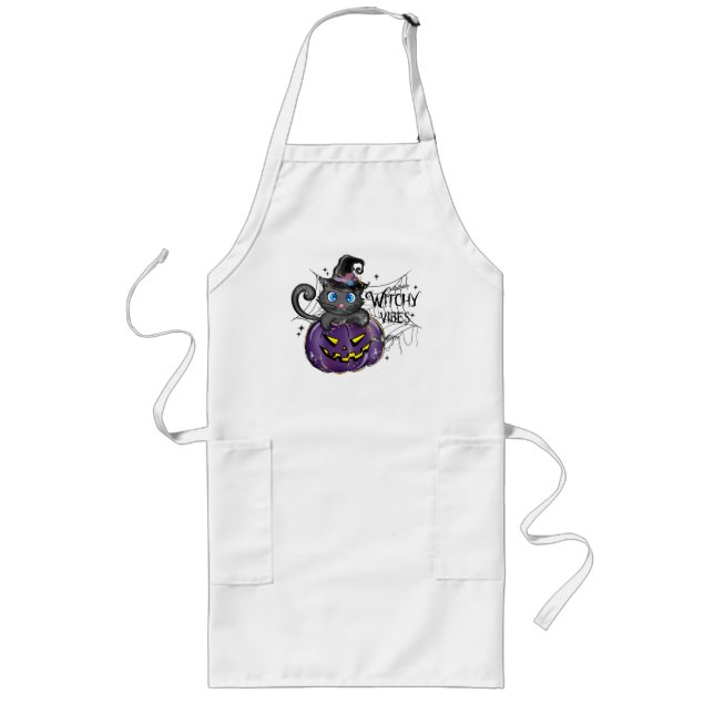 Witchy Vibes – Black Cat on Purple Jack-O-Lantern Long Apron (Front)
