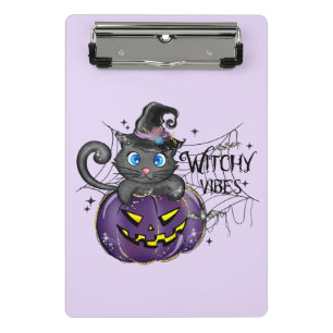 Witchy Vibes – Black Cat on Purple Jack-O-Lantern Mini Clipboard