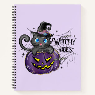 Witchy Vibes – Black Cat on Purple Jack-O-Lantern Notebook