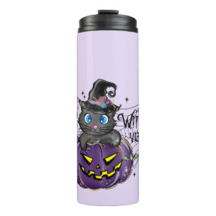 Witchy Vibes – Black Cat on Purple Jack-O-Lantern Thermal Tumbler