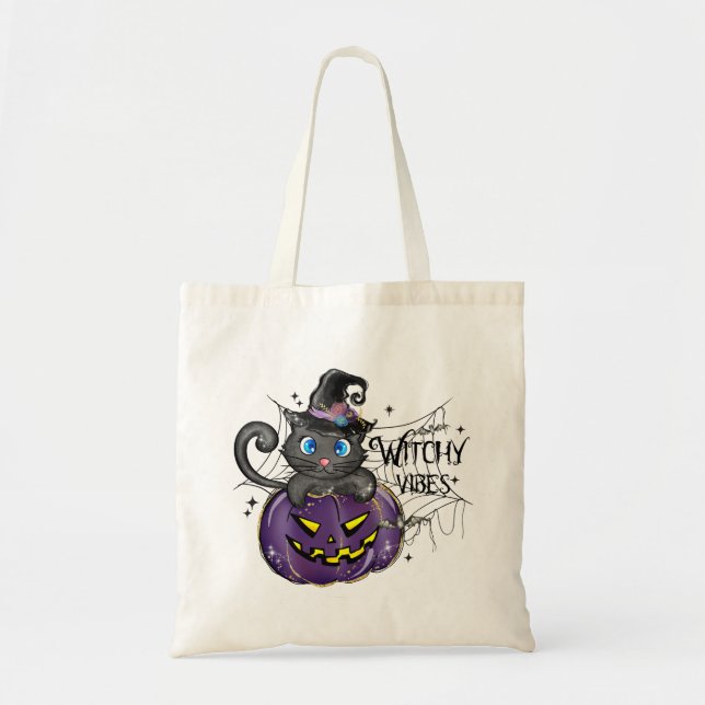 Witchy Vibes – Black Cat on Purple Jack-O-Lantern Tote Bag (Front)