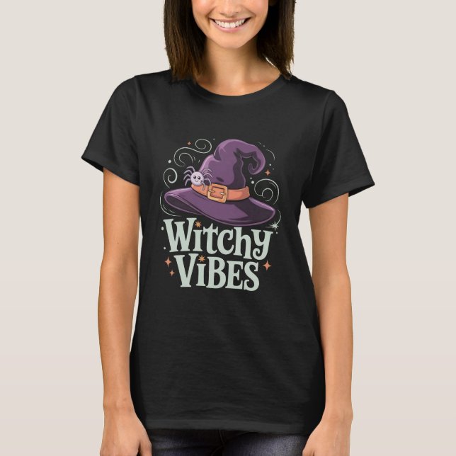 Witchy Vibes Cute Halloween Witch Hat Graphic Tee  (Front)
