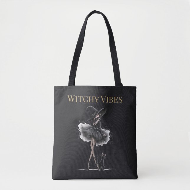 Witchy Vibes Dark Edition – Gothic Witch & Cat Tote Bag (Front)