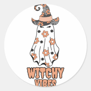 "Witchy Vibes" Halloween Witch Ghost Orange Classic Round Sticker