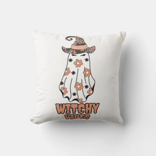 "Witchy Vibes" Halloween Witch Ghost Orange Cushion