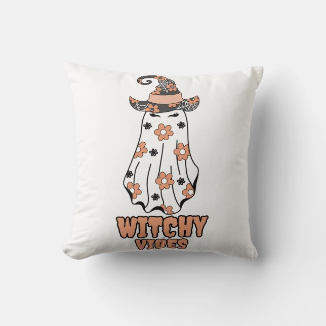 "Witchy Vibes" Halloween Witch Ghost Orange Cushion (Front)