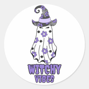 "Witchy Vibes" Halloween Witch Ghost Purple  Classic Round Sticker