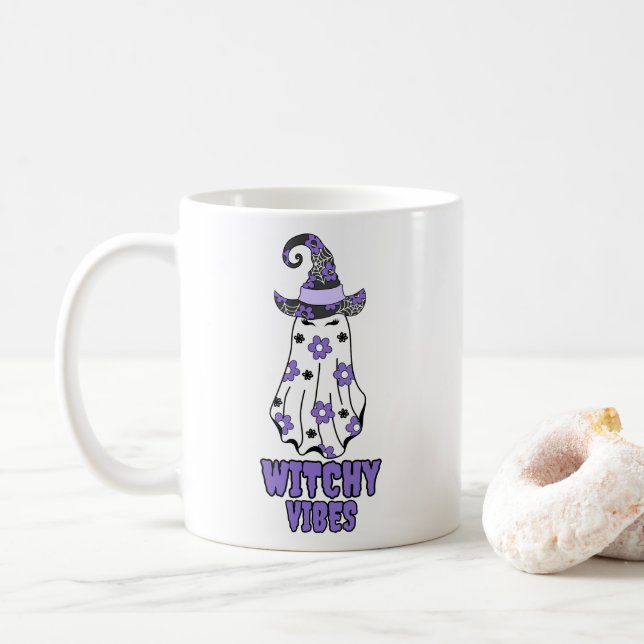 "Witchy Vibes" Halloween Witch Ghost Purple  Coffee Mug (With Donut)