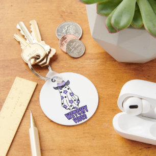 "Witchy Vibes" Halloween Witch Ghost Purple Key Ring