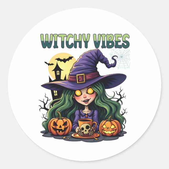 Witchy Vibes with Pumpkins and Potion Classic Round Sticker (Front)