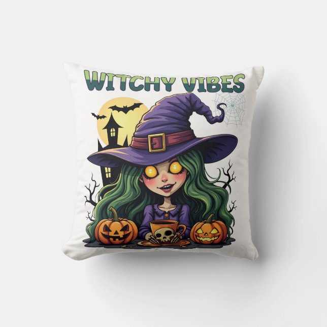 Witchy Vibes with Pumpkins and Potion Cushion (Front)