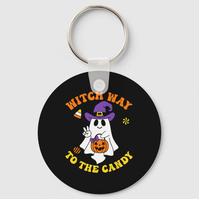 Witchy Way To The Candy Funny Witch Pumpkin Hallow Key Ring (Front)