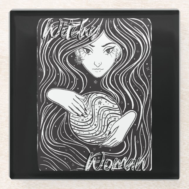 Witchy Woman Artistic Black and White Glass Coaster (Front)