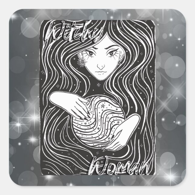 Witchy Woman Artistic Black and White Square Sticker (Front)