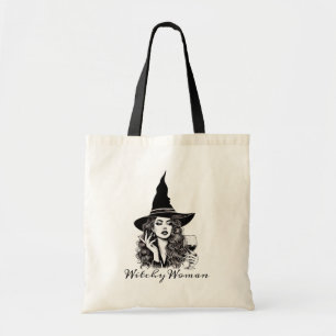 Witchy Woman, Black Elegant Witch holding Wine Tote Bag