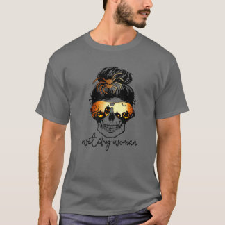 Witchy Woman Messy Bun Hair Skull Halloween Pumpki T-Shirt