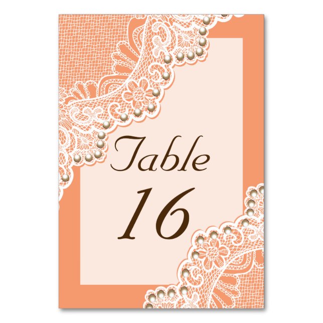 Wite lace and pearls wedding coral table number (Front)