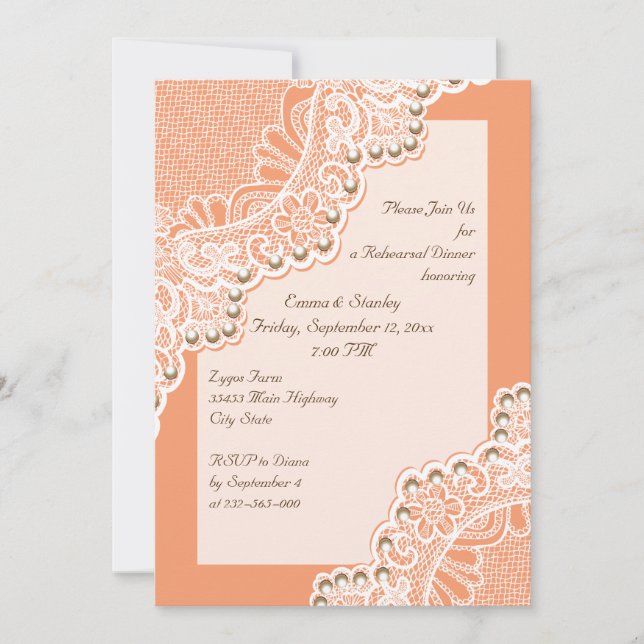 Wite lace & pearls wedding coral rehearsal dinner invitation (Front)