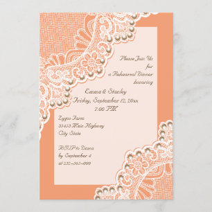 Wite lace & pearls wedding coral rehearsal dinner invitation