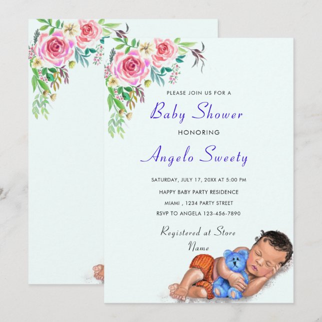 With Bear Toy Cute Baby Shower Invitation Example (Front/Back)